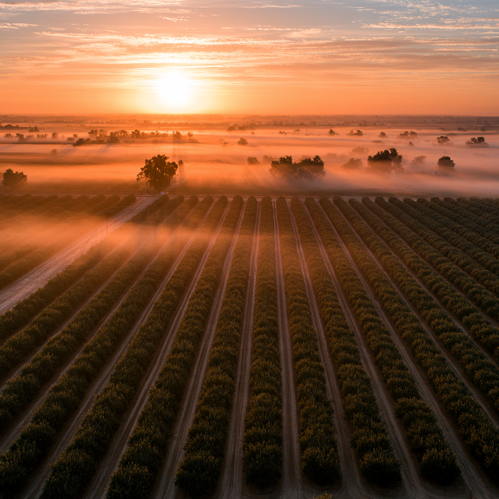 Dawn light and ground fog over orchard rows in the San Joaquin Valley